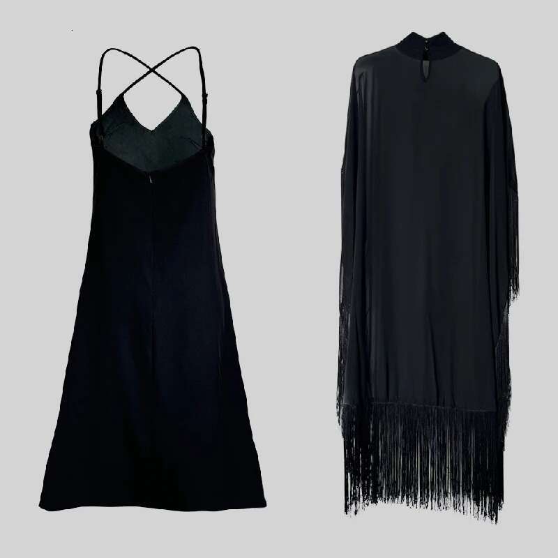 2025 New Spring Fashion See-Through Tassel Party Dresses Women Batwing Sleeves Solid Color High-Neck Two Piece Set Dress