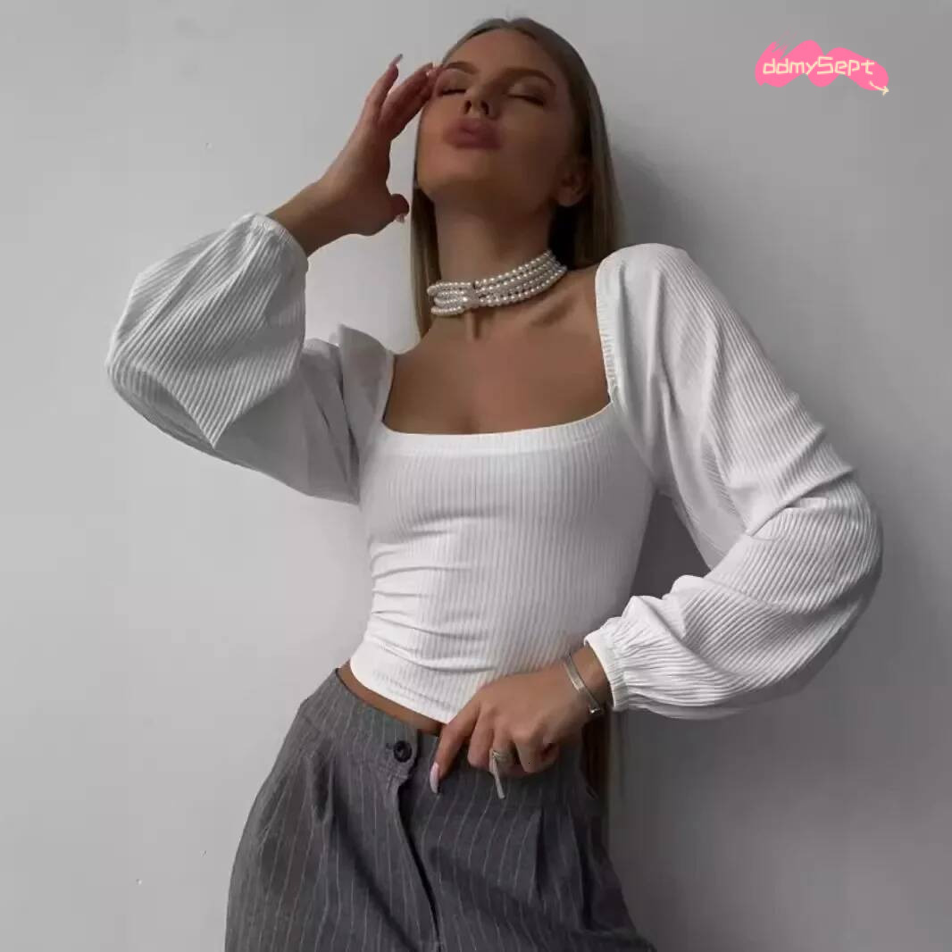 Sexy Ins Trendy Two-Way Wear Ladies T-Shirt Sensible Square Collar Open-Back Fitted Waist Long Sleeve Top ddmysept