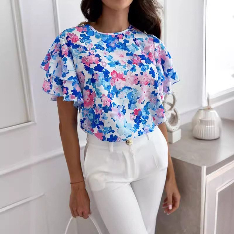 2024 new summer printed lotus leaf sleeve round neck simple short sleeved top