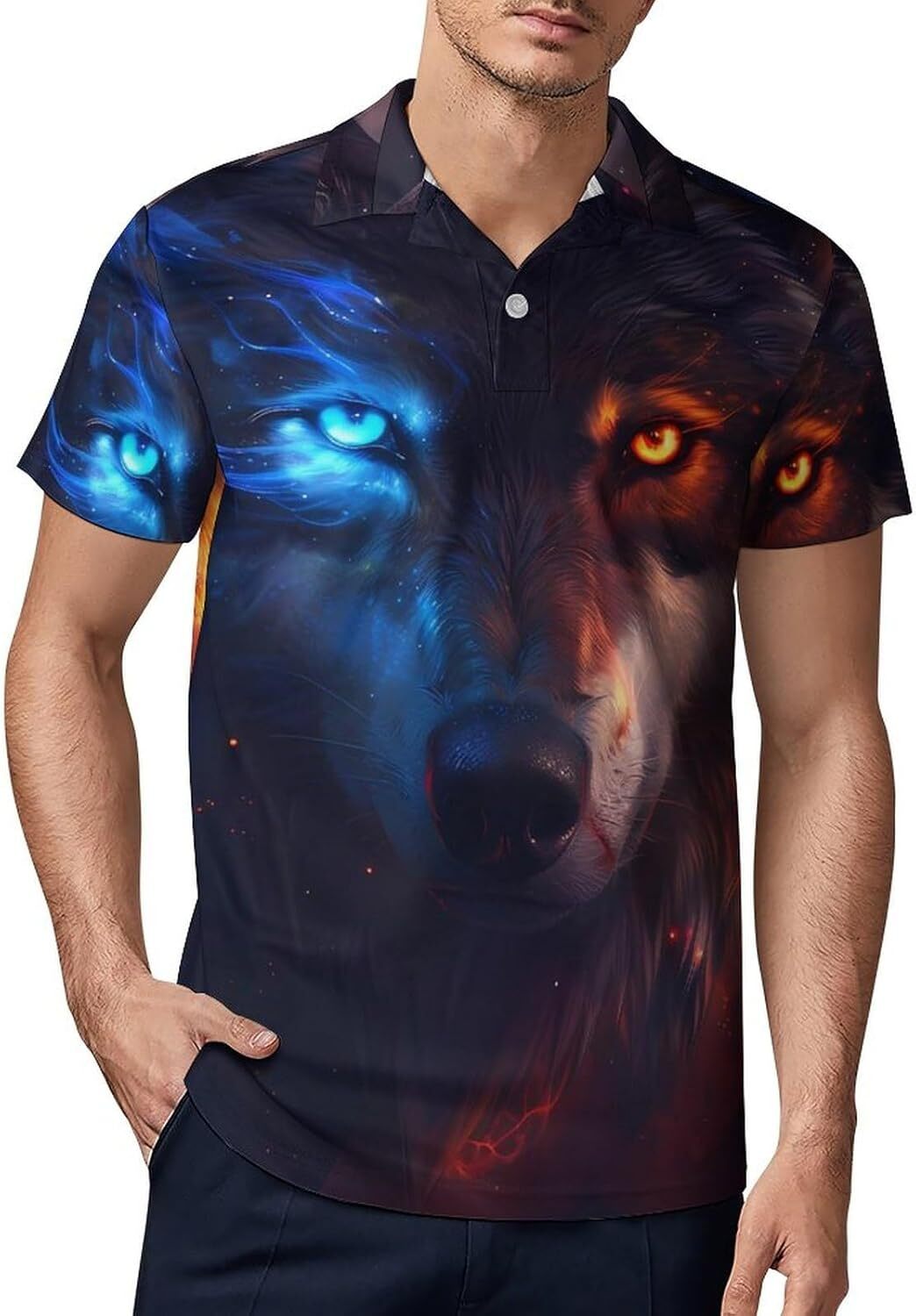 Mens Polo shirt Wolf with Blue And Orange Eyes Print Polo Shirts for Men Golf Shirt Casual Short Sleeve Tops Slim