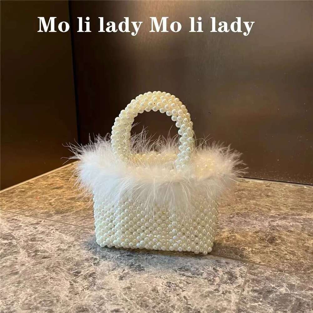 Designer Bag 2025 High Quality Pearl Beading Woven Handmade Women Handbag Ostrich Hair Evening Wedding Party Clutch Purse Shoulder Bag Luxury Bag