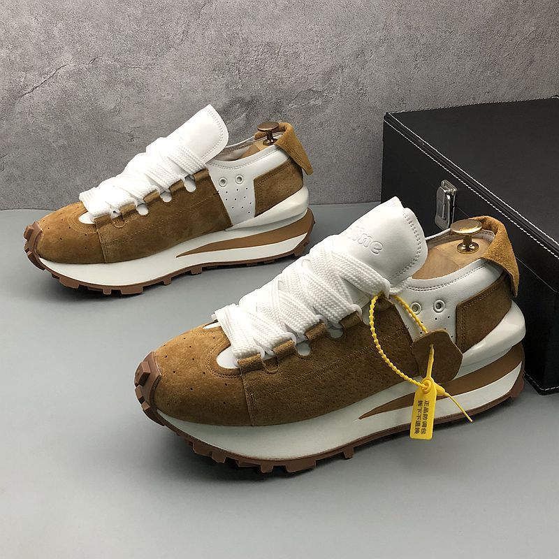 free shipping designer shoes men's retro suede lace-up platform sneakers brown white casual shoes thick sole fashionable versatile daily wear spo