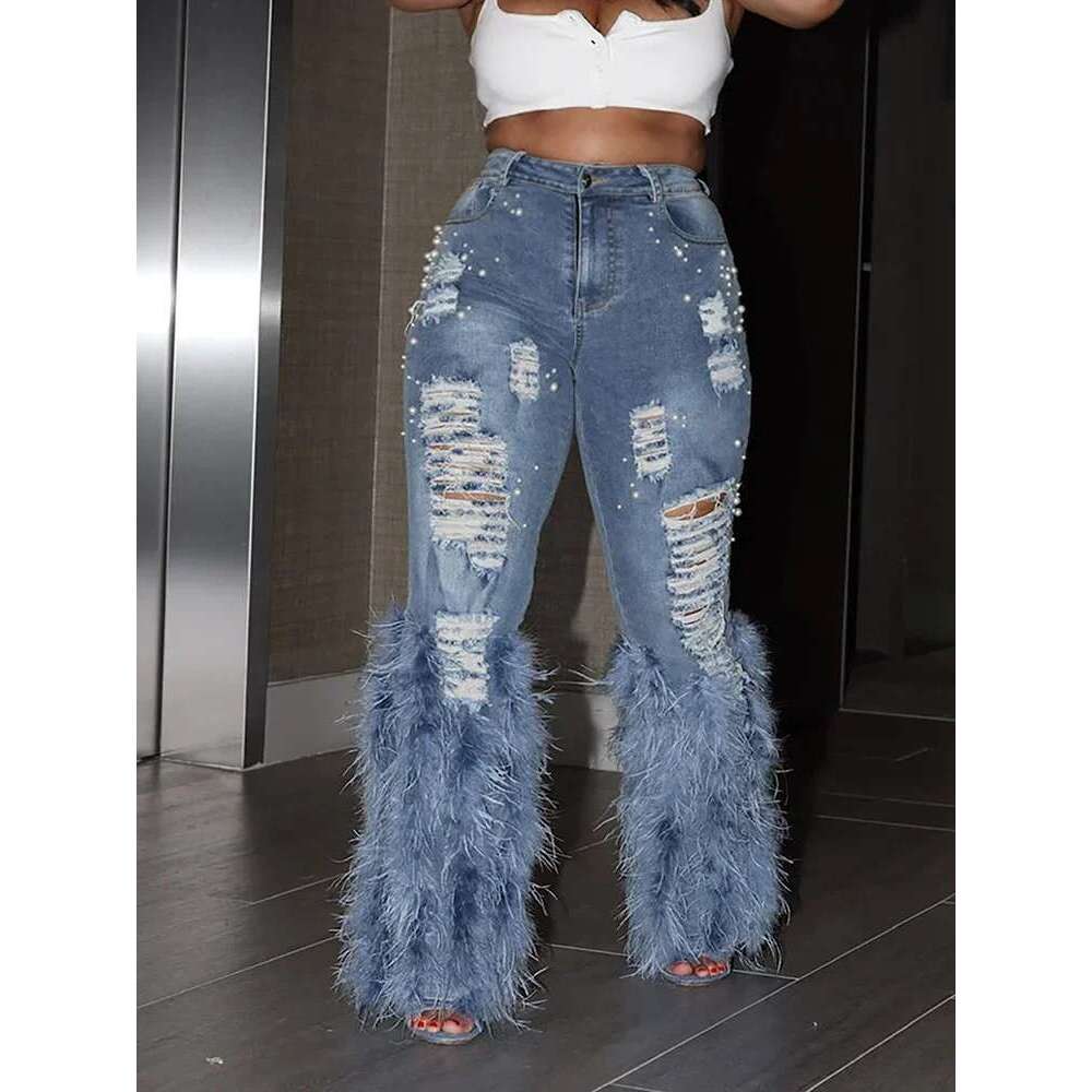Fashion Women's Jeans Tassel Holes Viage Feather High Waist Y2k Streetwear Casual Denim Pant Spring Skinny Hollow Out Trousers