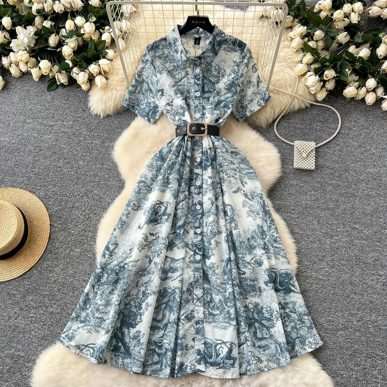 Elegant Short Sleeves Vintage Polo-Neck Chic Single Breasted Print Slim Sashes Long Dresses Evening High Street Summer Clothing