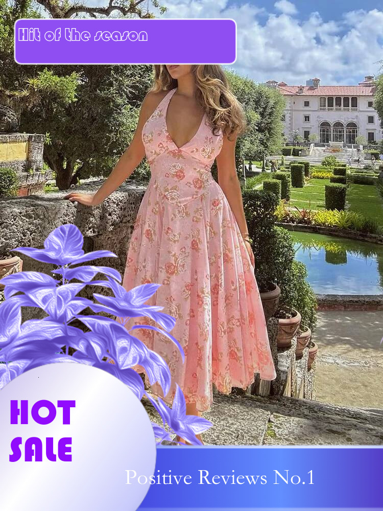 Dongdumaoyi Townlike Floral Print Waist Wrap A Line Dress Women Halter Summer Backless Sexy Party Elegant Midi Long Dresses