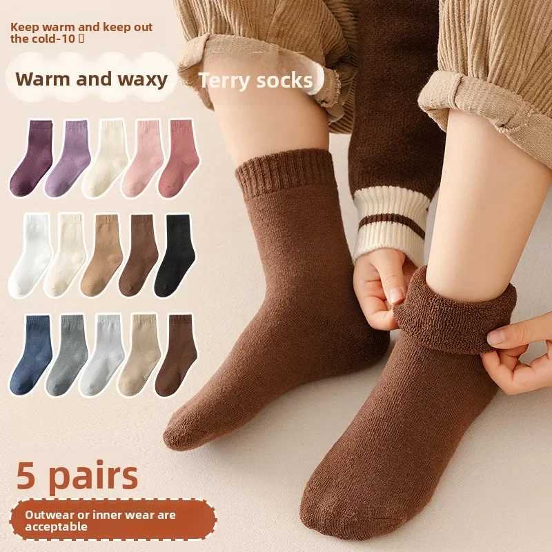 5 Pairs-Kids Fleece Lined Thermal Socks Winter Warm Mid Cuff Baby Socks Boys Girls Korean Style A Class Cotton Socks G251124
