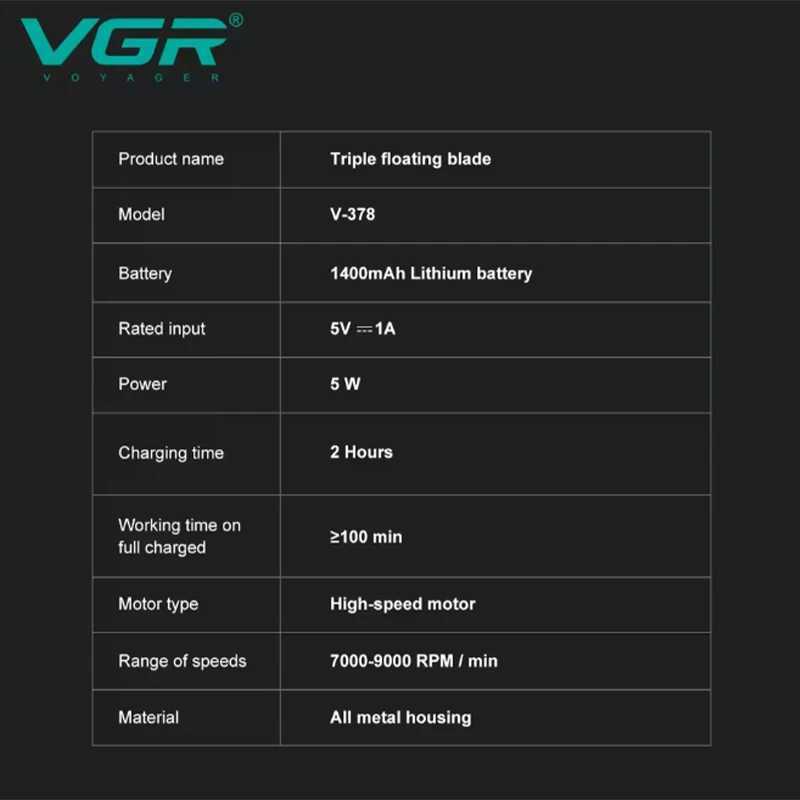 VGR high-end mens shaver alloy reciprocating three shaver LED intelligent digital display 9000 speed hair trimmer V-378 L251124