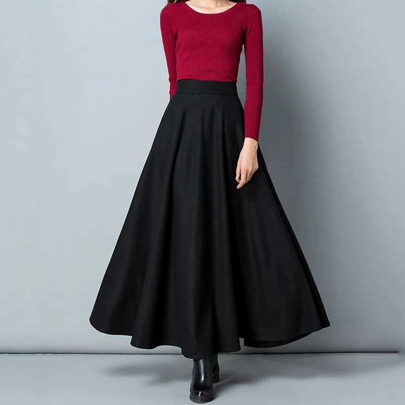 Womens Long Woolen Skirt Elegant High Waist Wool A Line Skirts Female Casual Thick Warm Pocket Maxi Skirts M250424