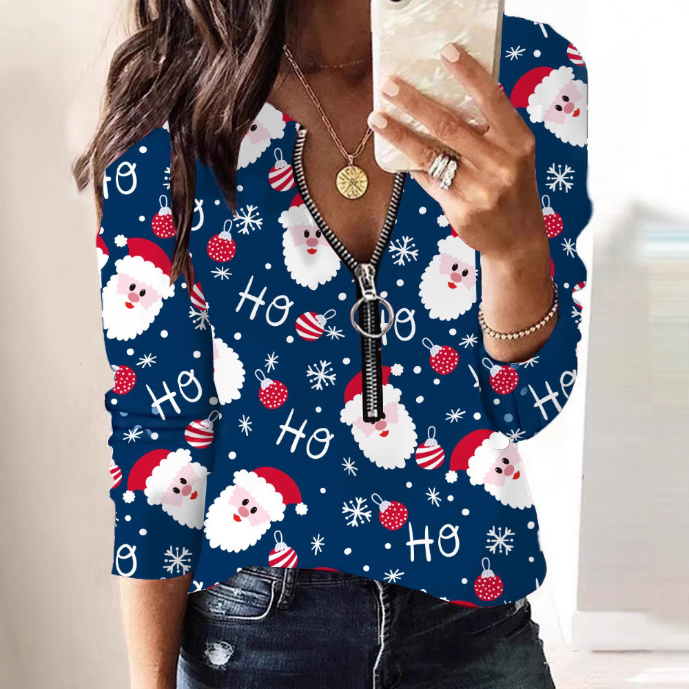 2023 Autumn/Winter New Christmas Printed V-neck Long sleeved Hoodie Womens Top