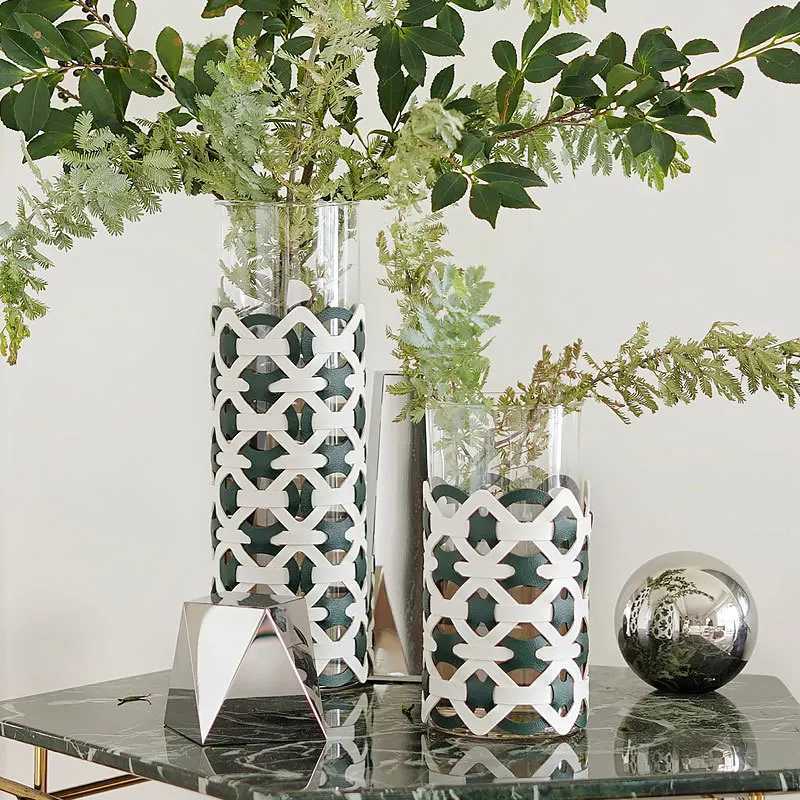 Straight glass vase living room light luxury high-grade hand-woven leather ornament flower decoration C251124
