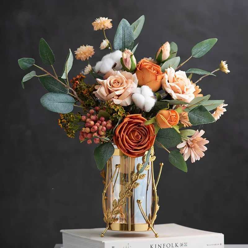 Luxury Metal Flower Vase European Style Glass Plant Pot Wedding Christmas Living Room Dining Table Home Decoration Artwork C251124