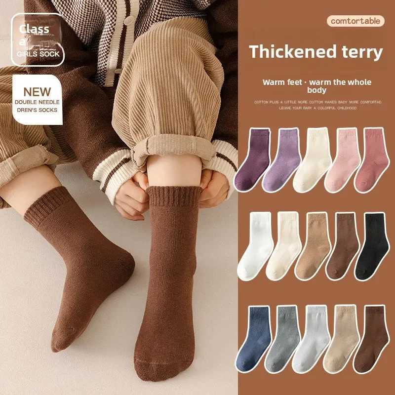 5 Pairs-Kids Fleece Lined Thermal Socks Winter Warm Mid Cuff Baby Socks Boys Girls Korean Style A Class Cotton Socks G251124