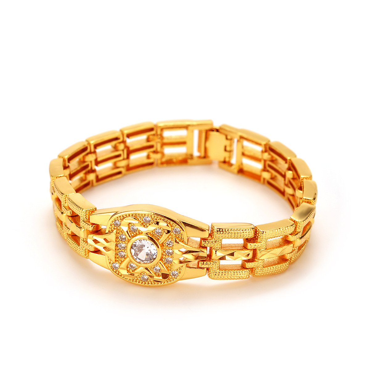 Three-sided crushed ice wide auspicious words bracelet, Vietnamese sand gold crushed ice fashionable light luxury wristband wedding bracelet