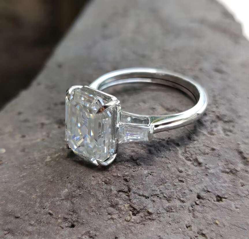 White Gold 3.89 TCW Emerald and Tapered Baguette Three Stone Engagement Moissanite Ring