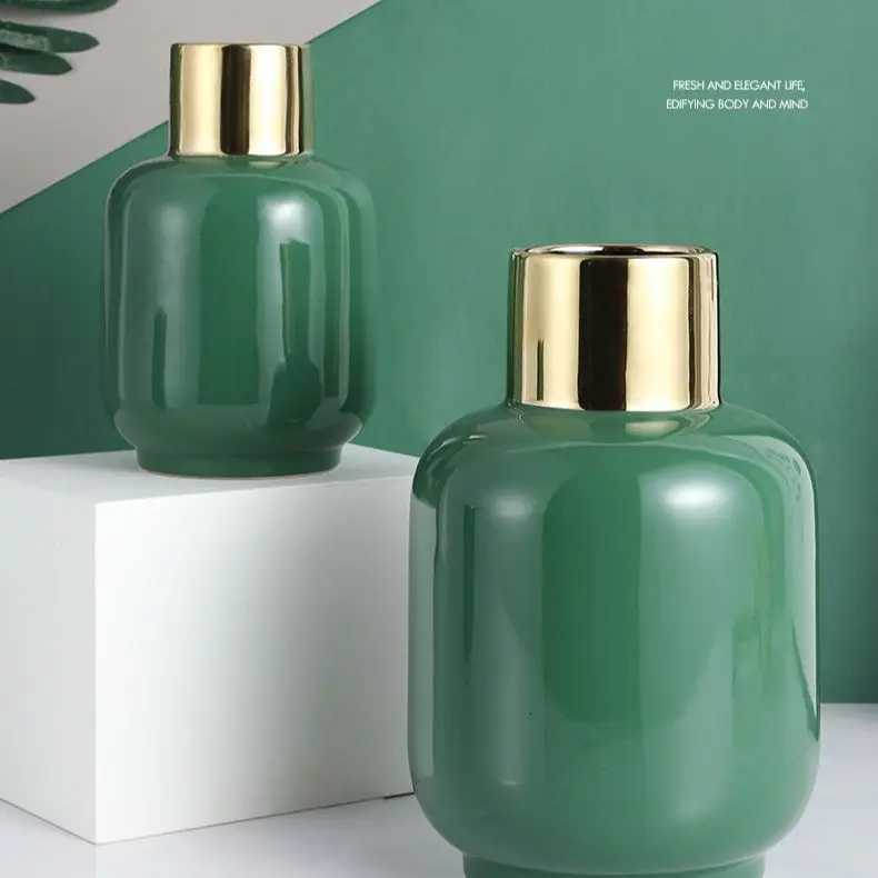 Ins High-value Light Luxury Gold-plated Ceramic Green Vase Nordic Living Room Flower Ornaments Dining Table Green Flower Set C251124