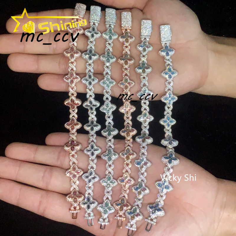 Hot Selling 15MM 925 Sterling Silver Cuban Clover Bracelets Iced Out Hip Hop Infinity Colored Moissanite Cuban Bracelet