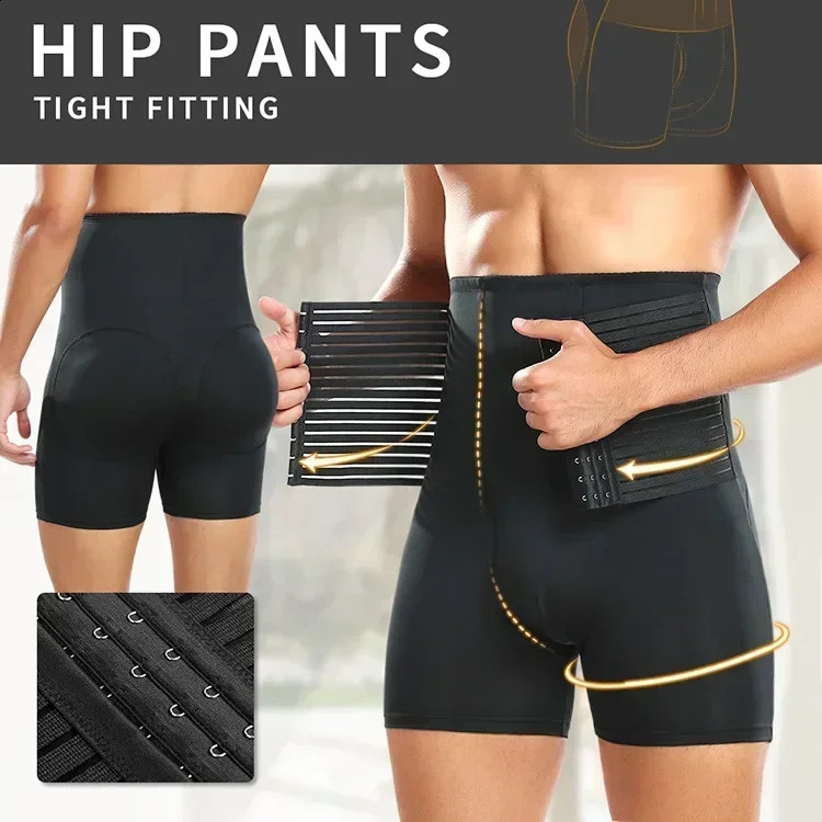 High Waisted tummy control body shaper Pants for Men Waist Trainer Corset Padded Panties Slimmer Thigh Breathable Underwear 250424