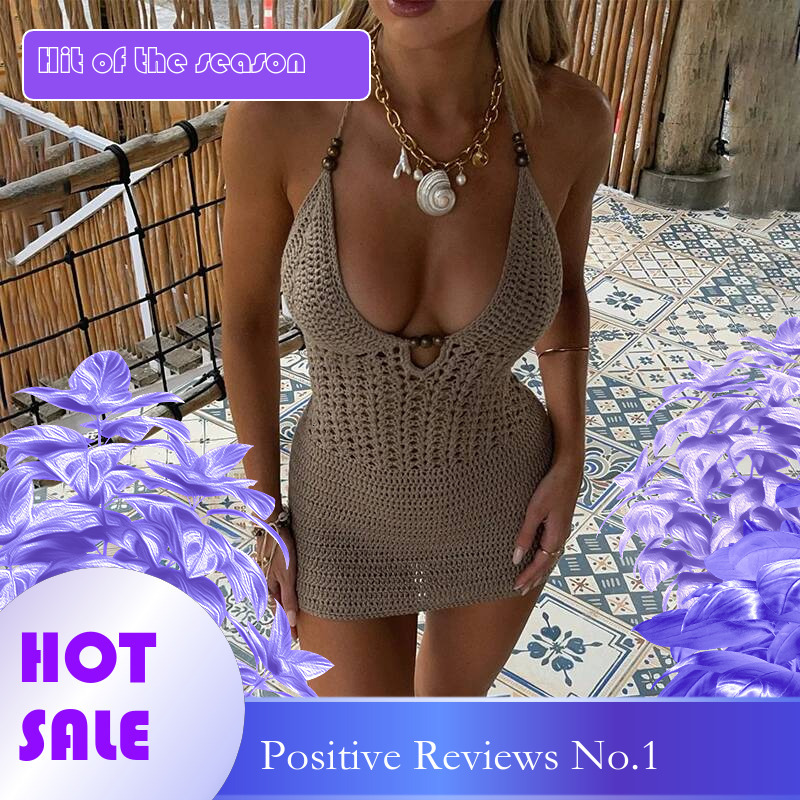 Dongdumaoyi Townlike Slim Bodycon Knitted Dress Women Halter Mini Summer Hollow Out V Neck Backless Sexy Party Dresses