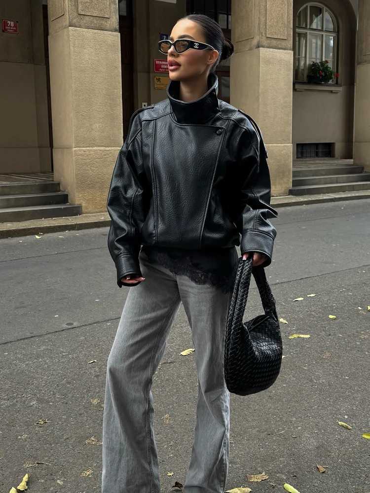 HH Fashion Women Faux Leather Loose Jacket 2025 Stand Collar Long Sleeve High Street Coat Autumn Winter Lady Locomotive Outwear J251124