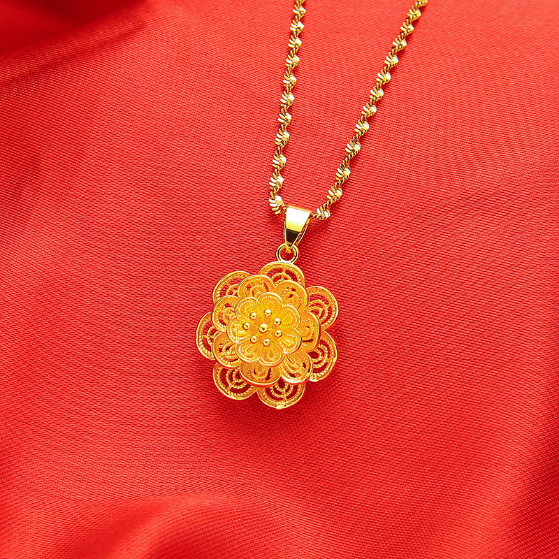 Vietnamese Gold-Toned Brass Hollowed Out Fortune Bag Pendant Necklace with Retro Design