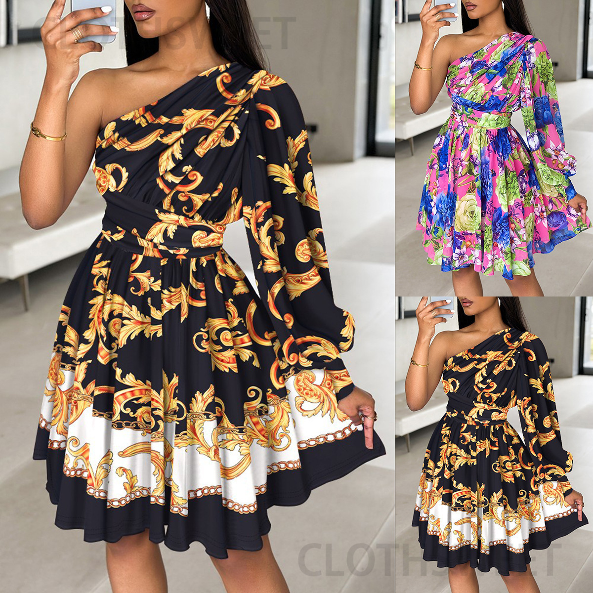 2024 New Fashionable Off Shoulder Waist Printed Womens Dress
