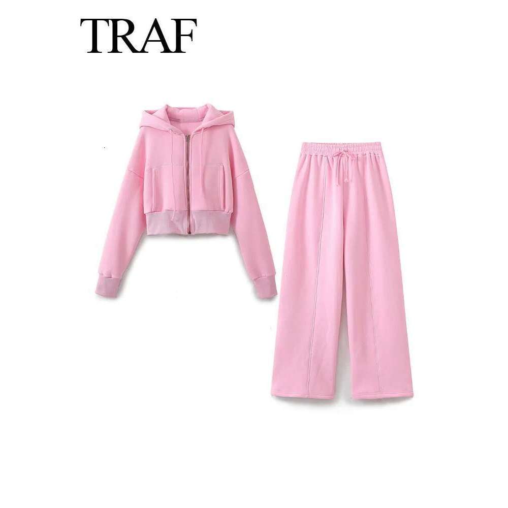 Designer Clothes TRAFZA Spring Female Casual Hoodies Zipper Coats+Elastic Waist Baggy 2 Pieces Set Elegant Loose Solid Pink Grey Pants