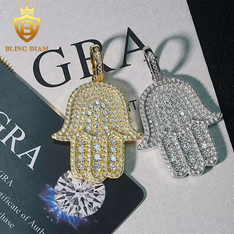 New Custom Hamsa Hand Pendant Hip Hop Jewelry Full Diamond VVS Moissanite 925 Silver Charm Pendant Pass Diamond Tester