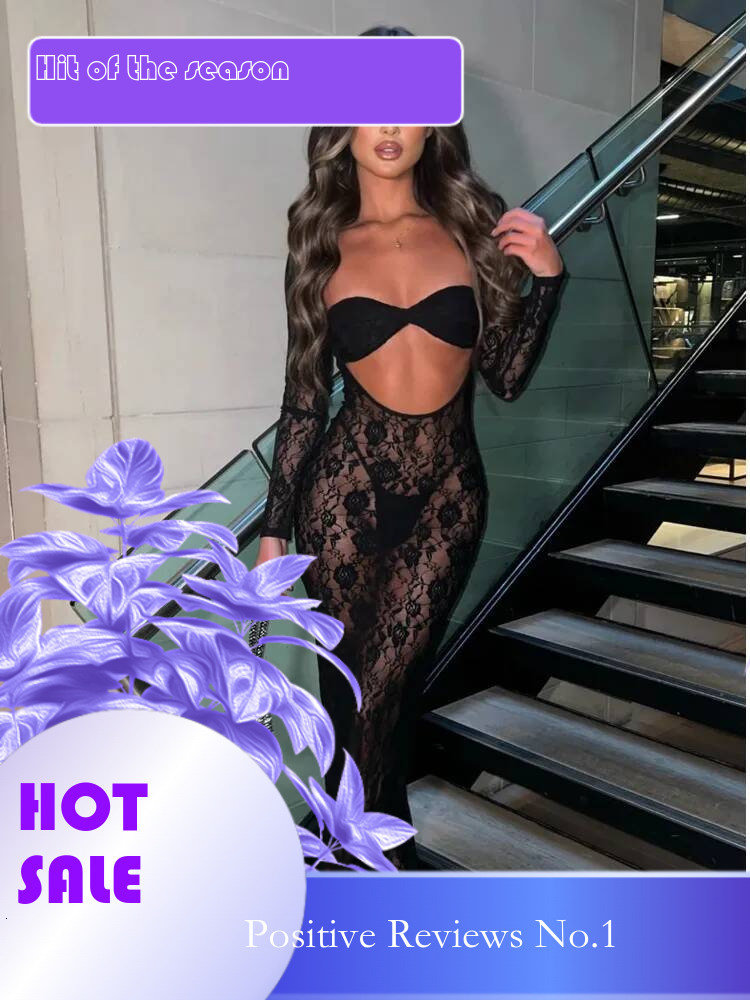 Dongdumaoyi Townlike Perspective Lace Slim Bodycon Dress Women Strapless Autumn Winter Elegant Maxi Long Sexy Party Dresses