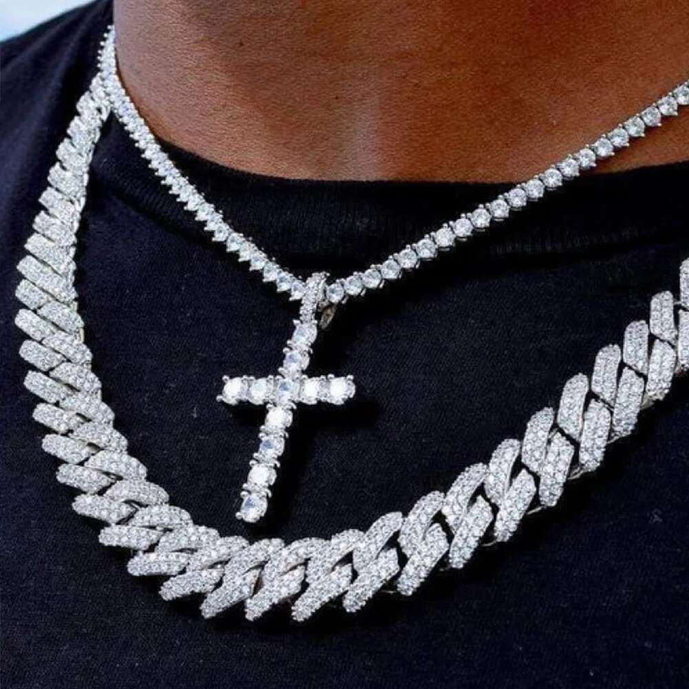 2Pcs Punk Crystal Cross Ankh Tennis Chain Iced Out Prong Cuban Link Chain Necklace For Men Women Rapper Necklaces Hiphop Jewelry