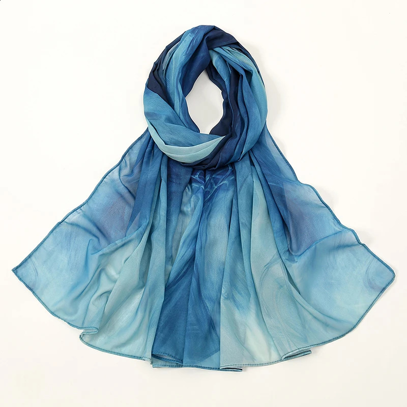 Watercolor Digital Print Chiffon Hijab Scarf Woman Muslim Hijab Shawls Lady Colorful Blue Ethnic Turban Bandana 250424