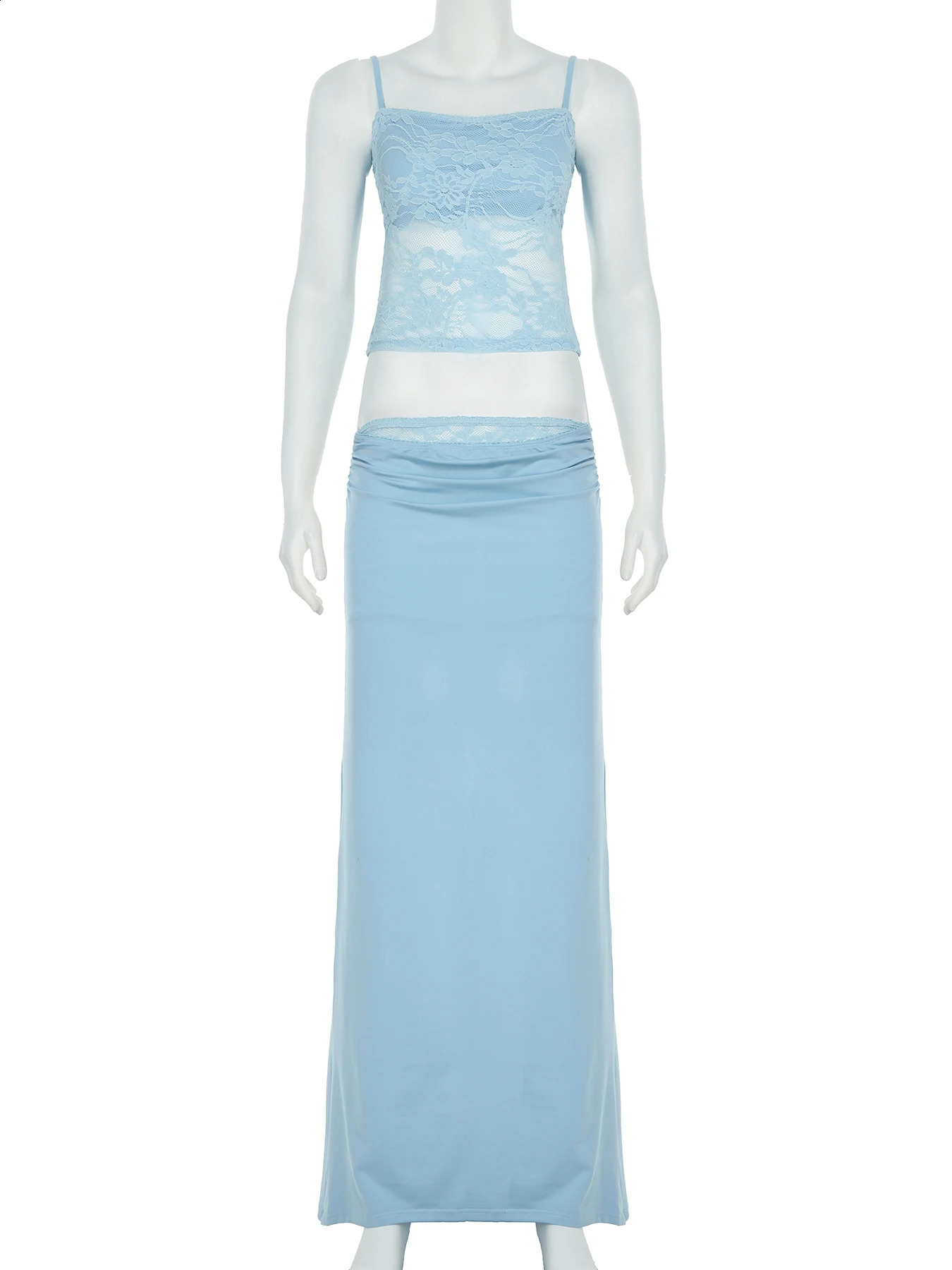IAMSURE Holiday Solid Splicing Lace Dress Set Beach Style See Through 2-piece Set Sleeveless Camis Top Low Waist Long Dress 250423