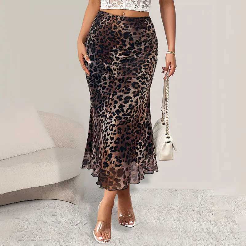 Womens Half Skirt Classic High Waist Office Womens Loose A-line Skirt Fashionable and Elegant Leopard Print Womens Long Skirt M250424