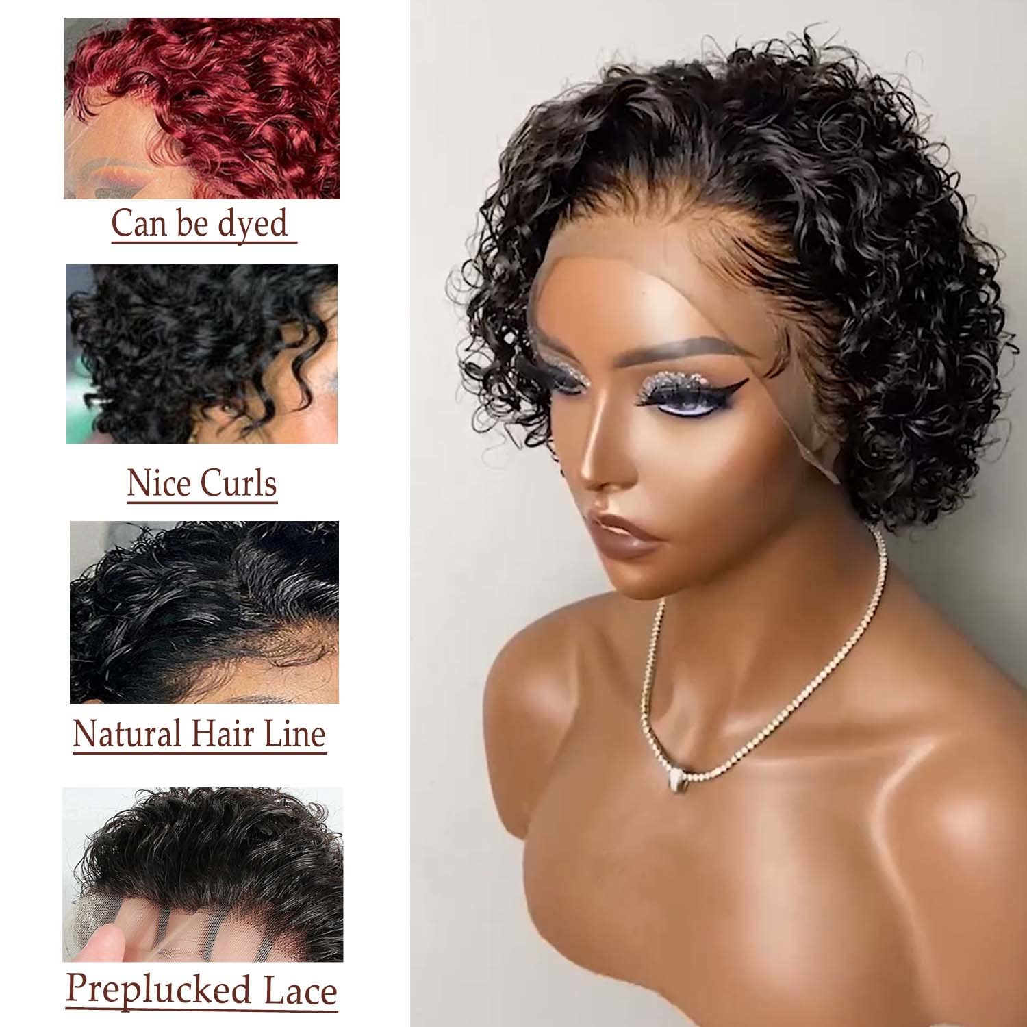 Natural Black Short Curly Pixie Cut Wig with Lace Front - 6 Inches | Hand-Tied & Plucked