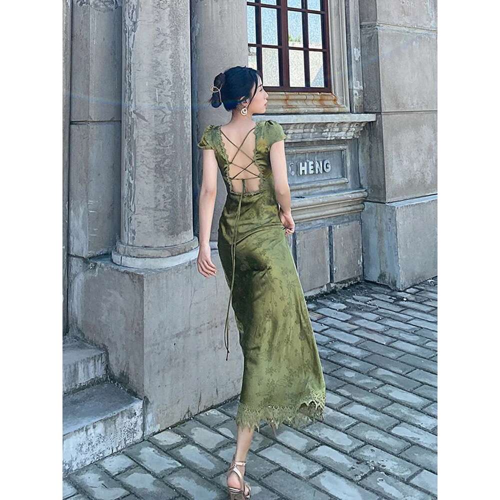 Designer Clothes New In Women's Long Dress Turquoise Green V-Neck Backless Satin Jacquard Waist Slim Chic And Elegant Sexy Female Dresses