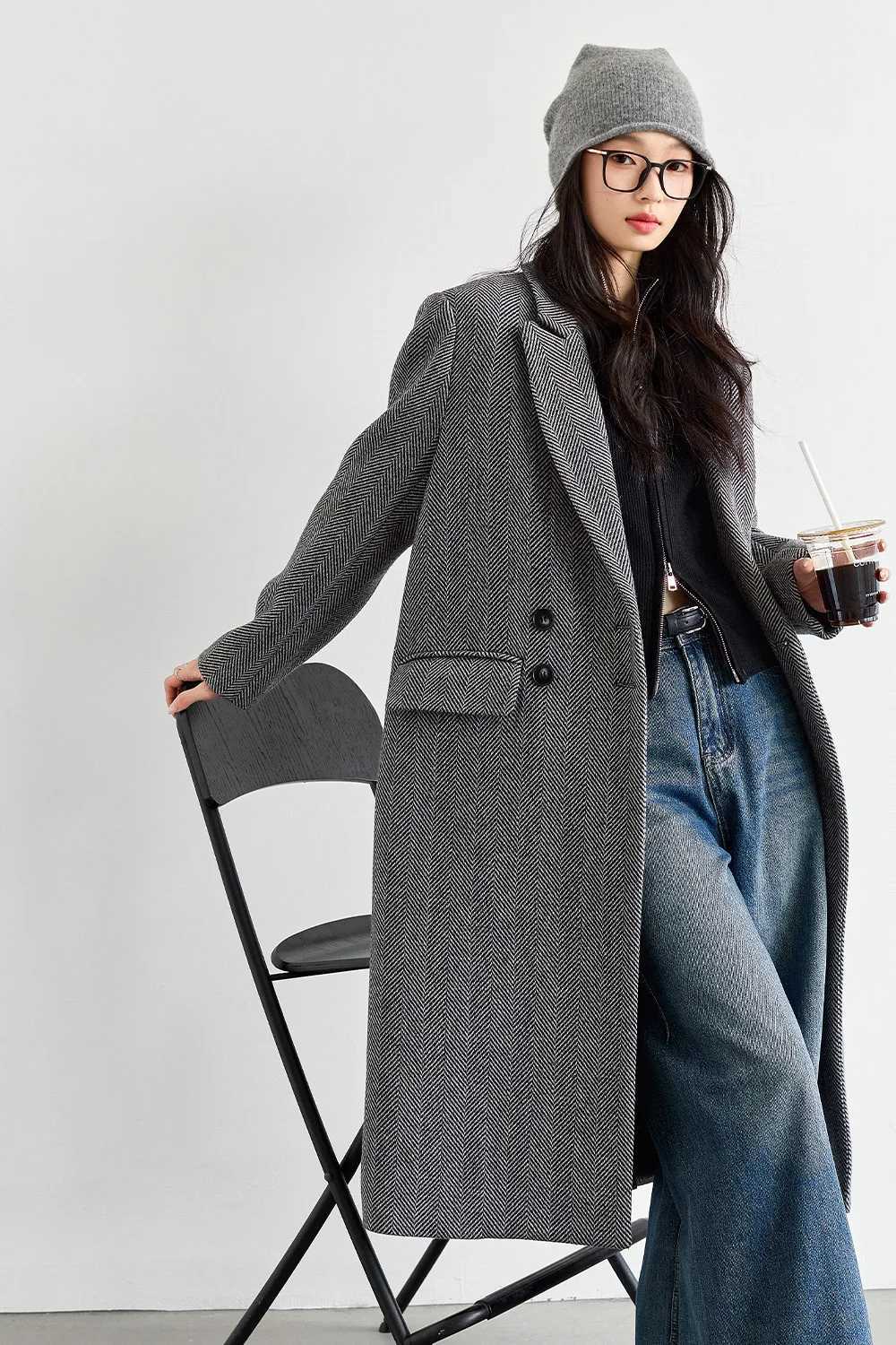 VIMLY Women Elegant Wool Blend Long Blazer Coat Fall/Winter Thick Warm Simple Double Breasted Overcoat Office Lady Outerwears J251124