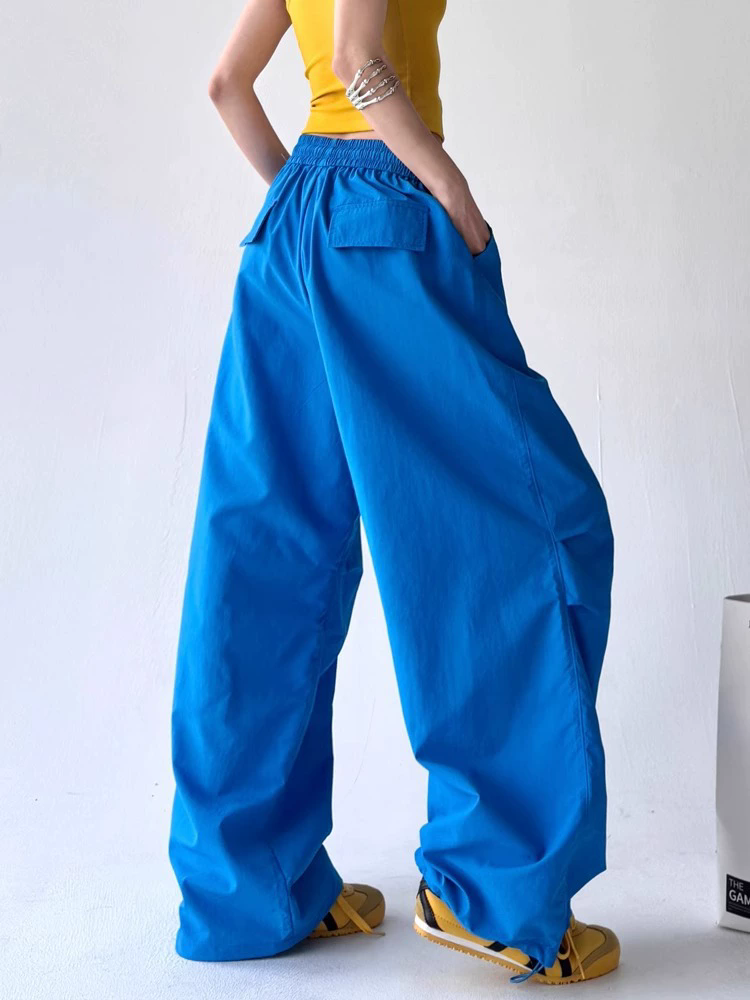 Fashion Style Retro Drawstring Pleated Paratrooper Pants Overalls Women's Loose Straight Casual Pants Trendy Trousers XXL Blue Red 4 Color Spring