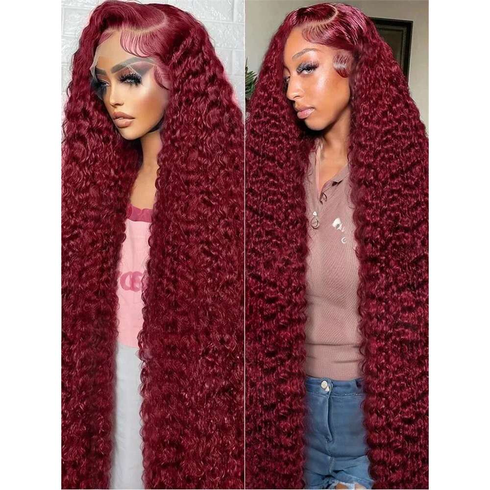 250 Density Deep 99J Bury 13X4 Frontal Wig Human Hair 13X6 Curly 30 40 Inch HD Lace Front Wigs Red Wine Water Wave