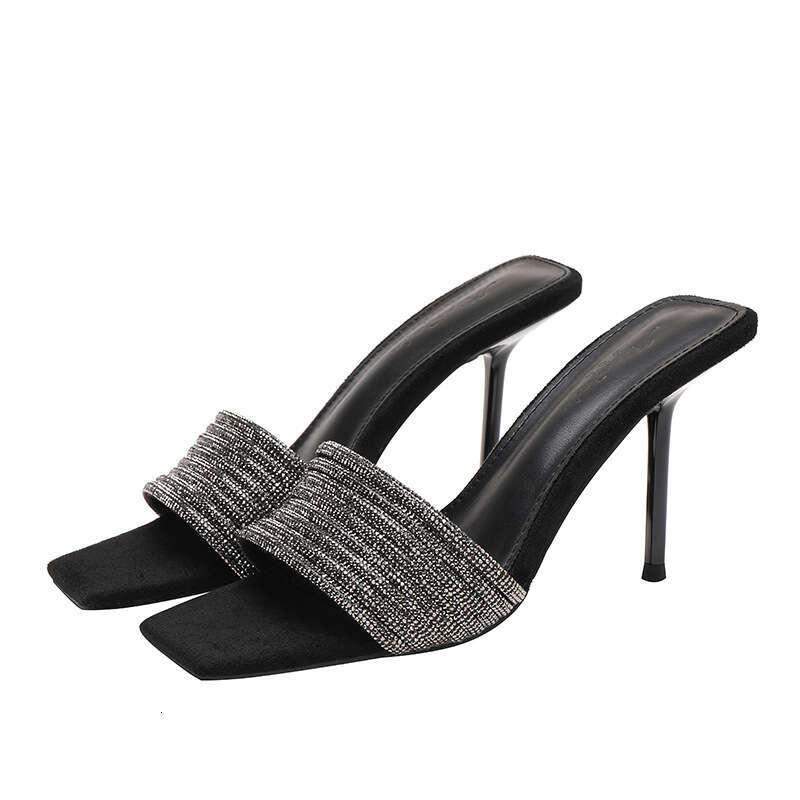 Woman Sandals Black Sexy Square Toe Slim Heel Rhinestone Straight Strap Sandals Internet Famous High Heels Cool Slippers For Women Versatile High End 