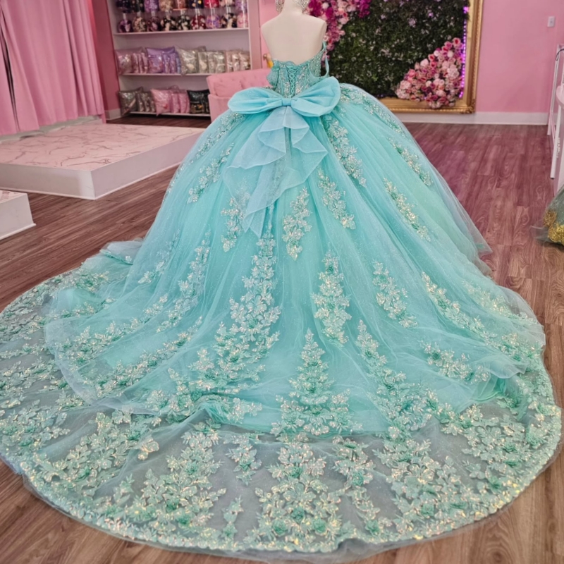 Mint Green Shiny Shiny Quinceanera Dresses Off Shoulder Ball Gown Sweet 16 Dress Applique Beading Crystal Bow Tull Corset Birthday Vestido 15 Anos