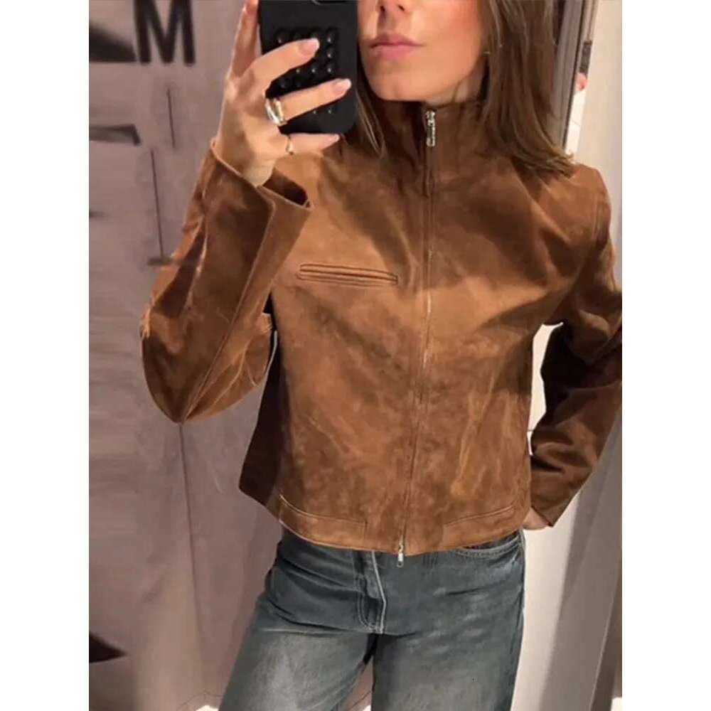 Designer Clothes Y2k Women's Short Suede Jackets Stand Collar Zipper Full Sleeve Female Coats 2025 Spring New Fashion Street Lady Retro Outwear