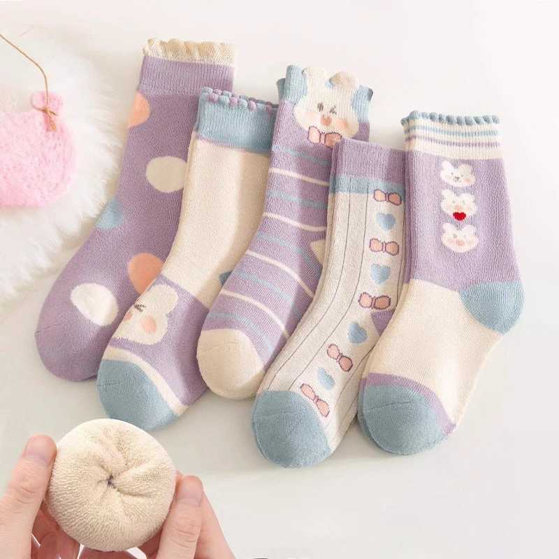 5 Pairs Girls Thick SOCKSCute Bunny CHIldrens SOCKS Winter Warmth Purple Mid Tube SOCKS Autumn/Winter G251124