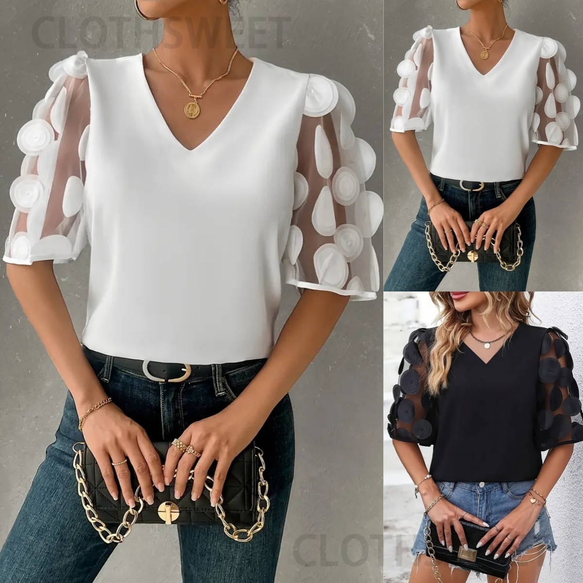 2025 new summer commuting solid color simple V-neck lace patchwork short sleeved shirt for women