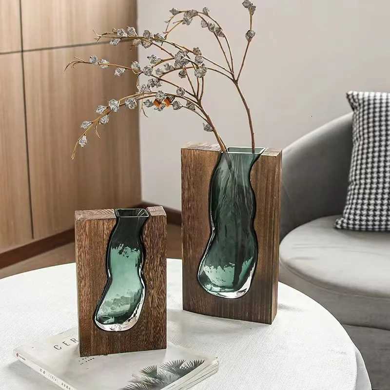 Solid Wood Transparent Glass Vase for Home Decor Crystal Flower Vase Modern Centerpiece for Living Room/Hotel Lobby Decoration C251124