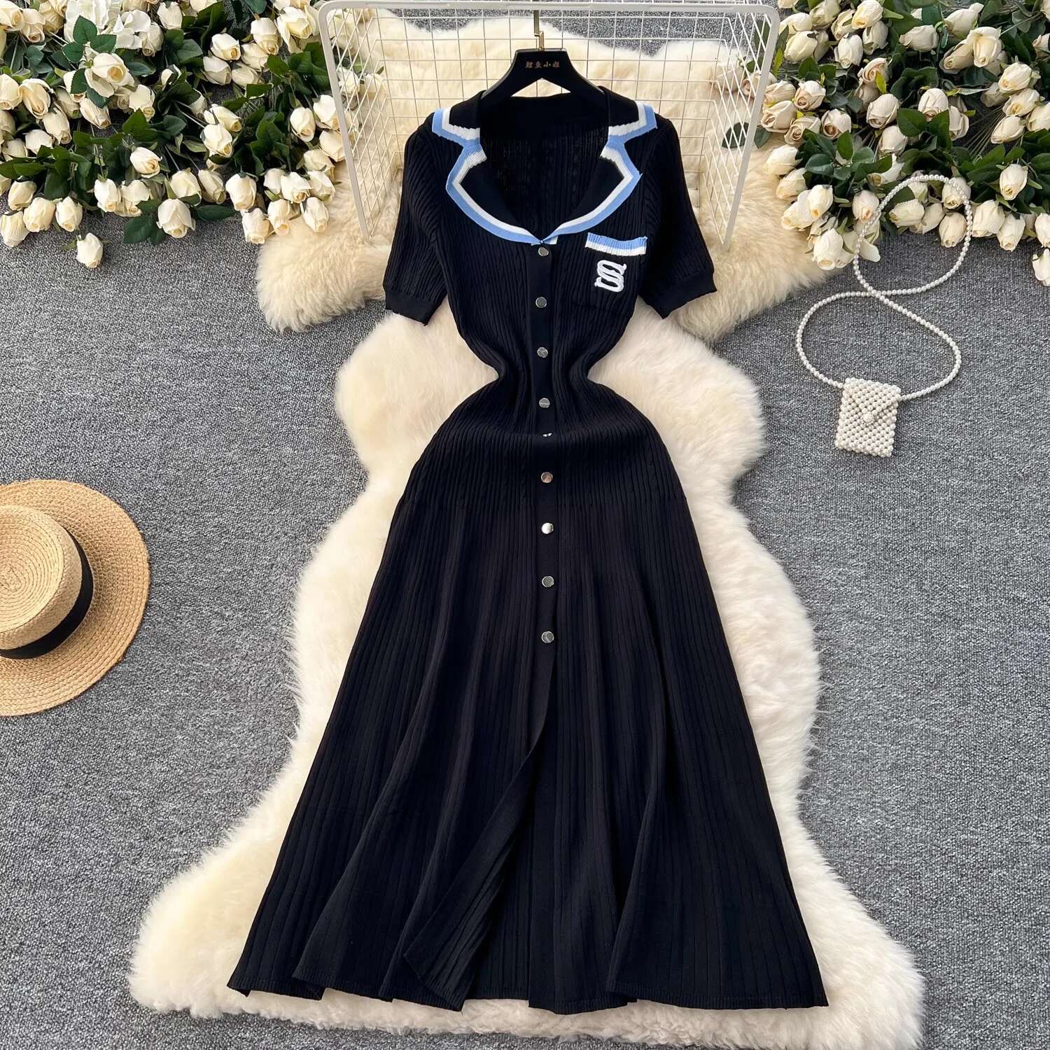 Yuoomuoo Early Autumn Embroidery Maxi Dress Women Fashion Y2k Single-Breasted Knitted Elegant Lady Office Dresses
