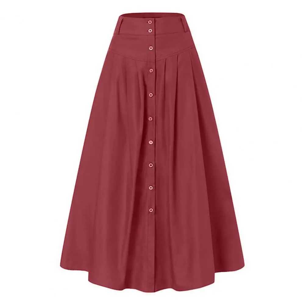 Large hem womens long solid color high waist fully matched button decoration A-line summer loose long skirt womens dress M250424