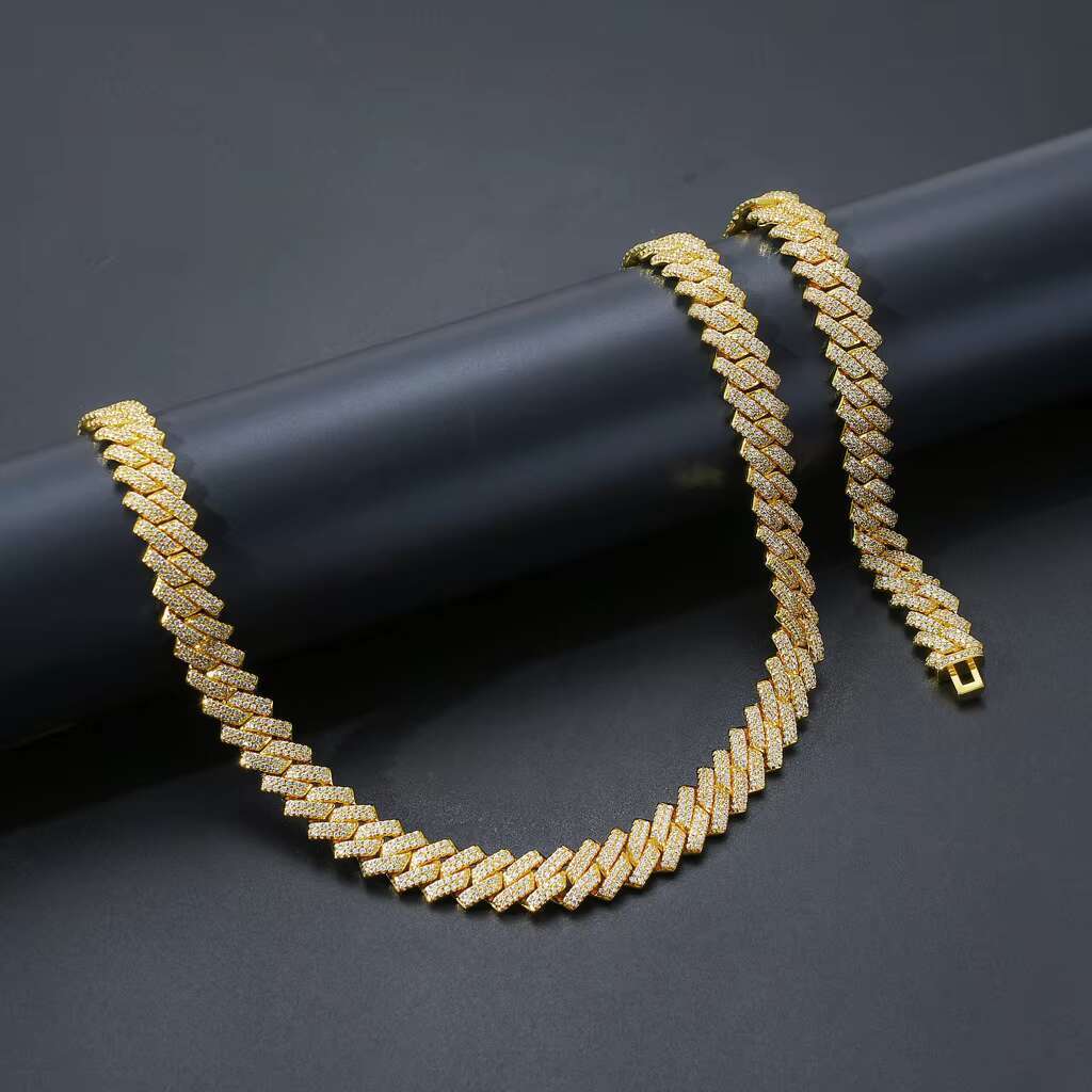 QX 14MM Custom Brass 18K Gold Plated Fashion Jewelry Hiphop Cuban Chain Zircon Necklace for Men Women