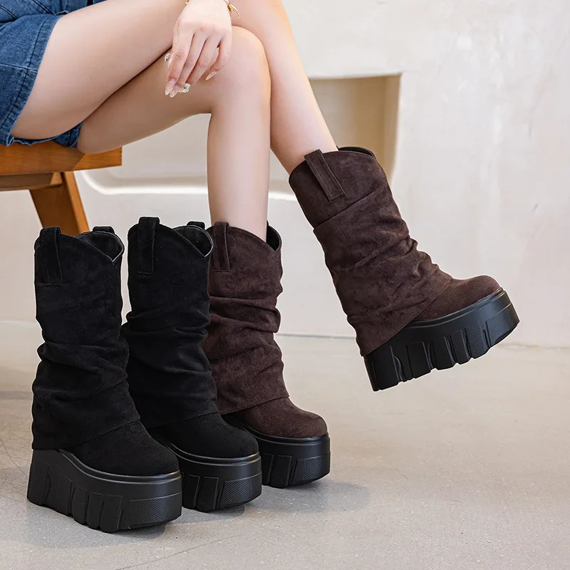 Fujin 5 Inch 14cm Stretch Boots Short Ankle Boots for Women Knee High Platform Booties Wedge Heel Hidden Botas Autumn Winter 251120 - view 4