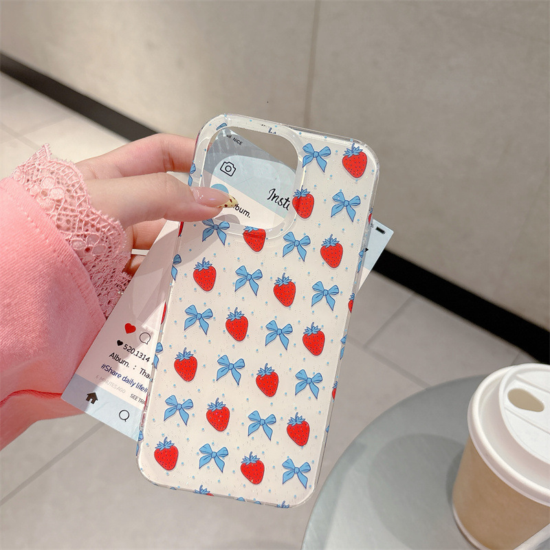 Polka Dot Bow Strawberry Phone Case Compatible iPhone 17/16 Pro Max Shockproof Protective Case iPhone 15/14