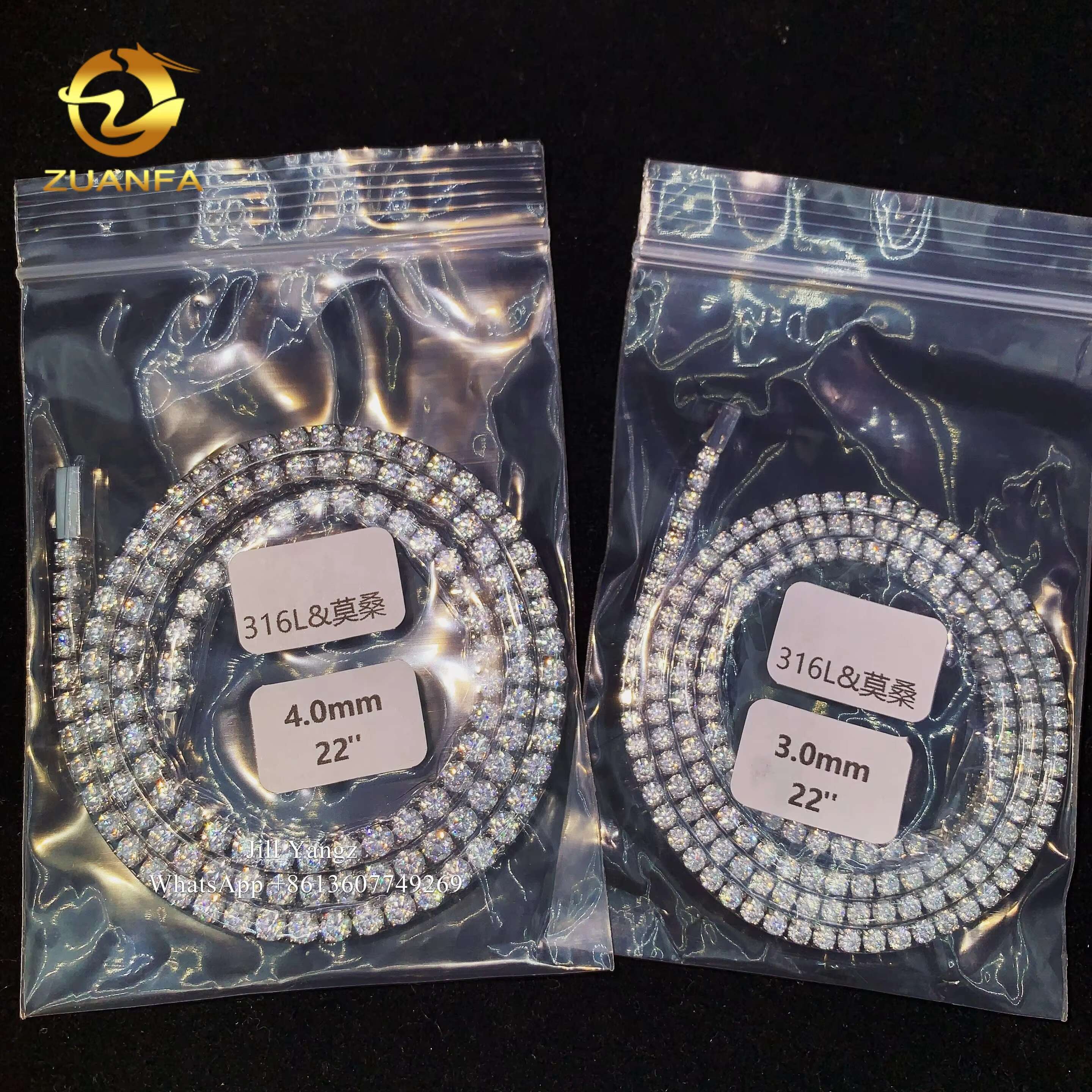 Zuanfa Jewelry Spring Clasp Moissanite Tennis Chain Necklace 3mm 4mm 316L Surgical Steel Gift Idea Stainless Steel Jewelry