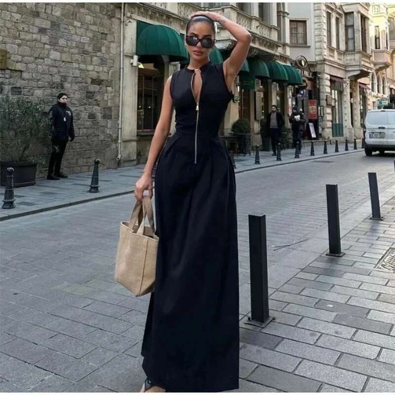 Designer Clothes Y2k Sleeveless Spliced Zipper Maxi Dress Elegant V-Neck High Waist Slim Pleated Long Dresses Summer Office Lady Street Robes